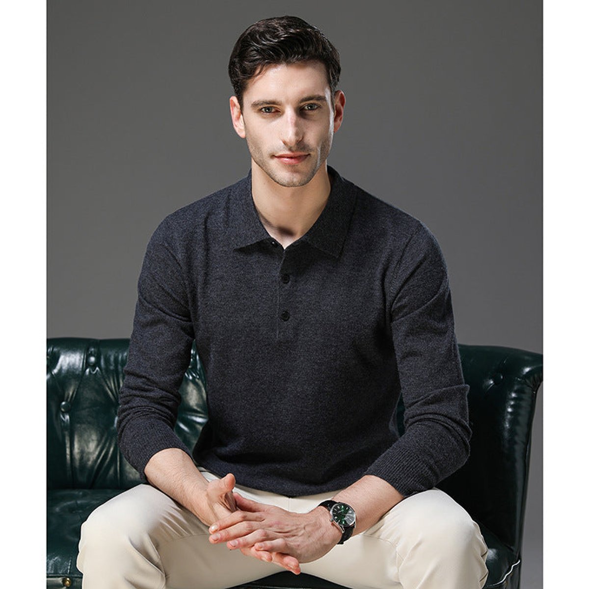 Men's Long Sleeve Button Collar Soft Knit Polo Pullover