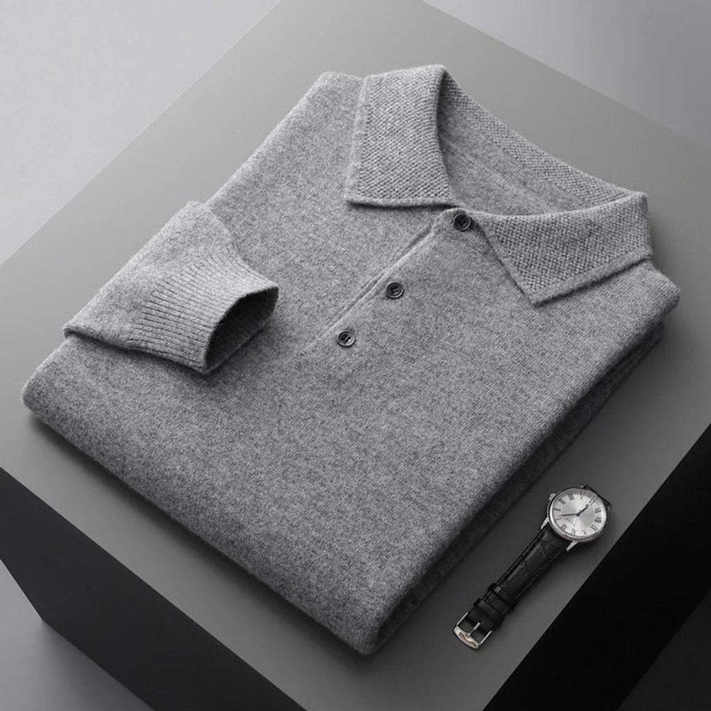 Men's Long Sleeve Button Collar Soft Knit Polo Pullover