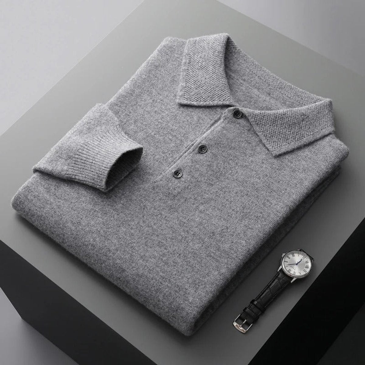 Men's Long Sleeve Button Collar Soft Knit Polo Pullover