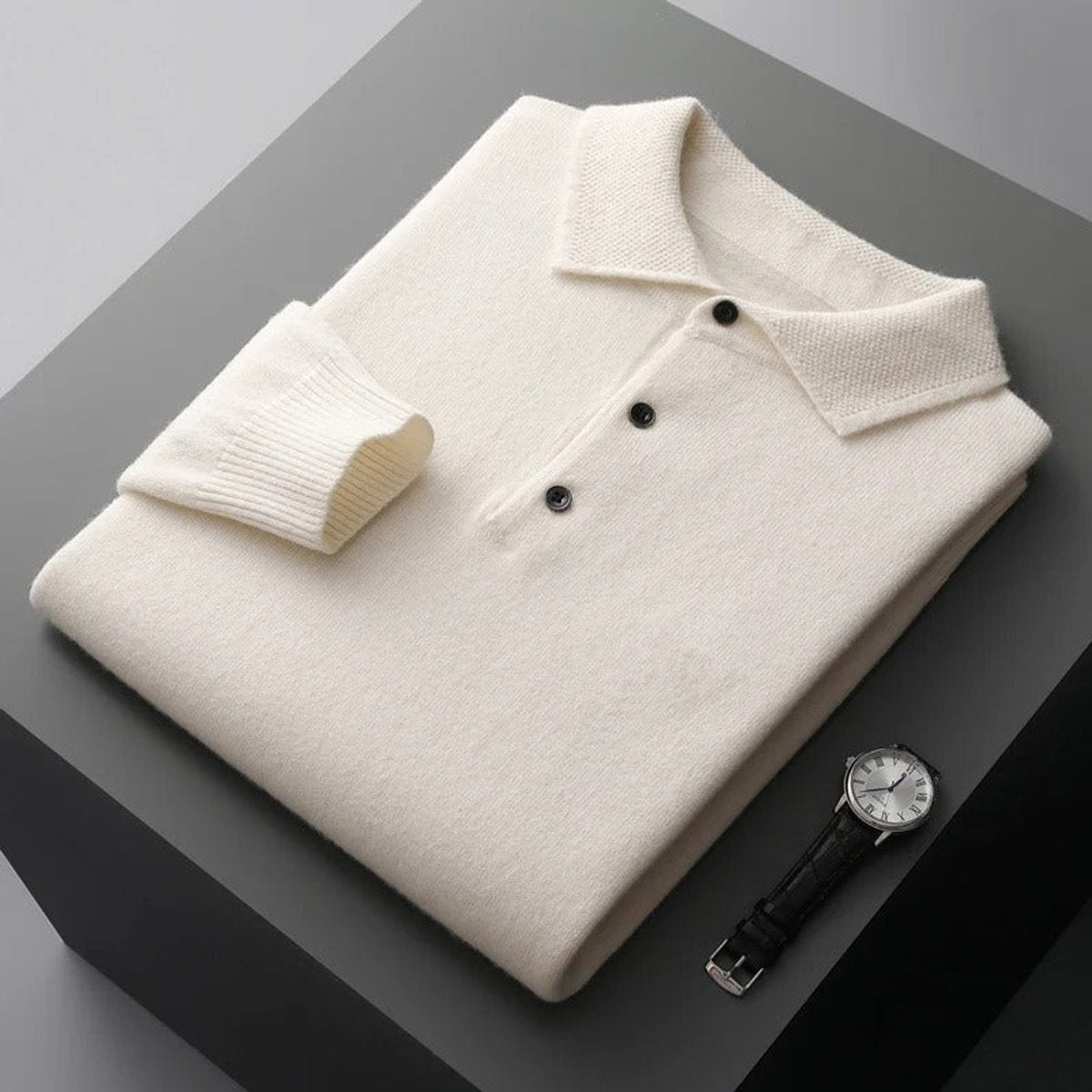 Men's Long Sleeve Button Collar Soft Knit Polo Pullover