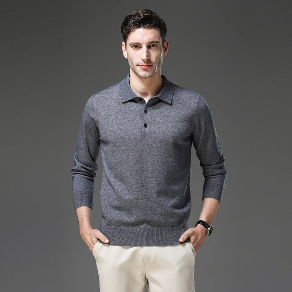 Men's Long Sleeve Button Collar Soft Knit Polo Pullover