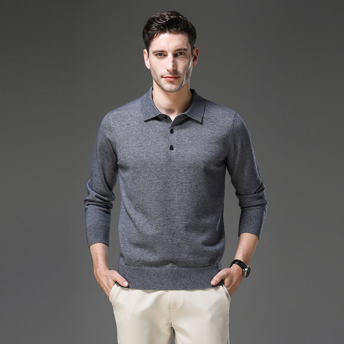 Men's Long Sleeve Button Collar Soft Knit Polo Pullover