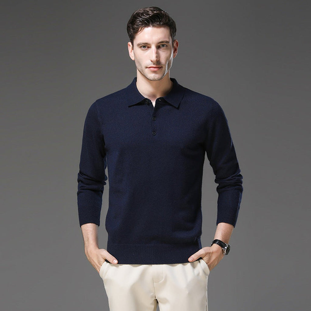 Men's Long Sleeve Button Collar Soft Knit Polo Pullover