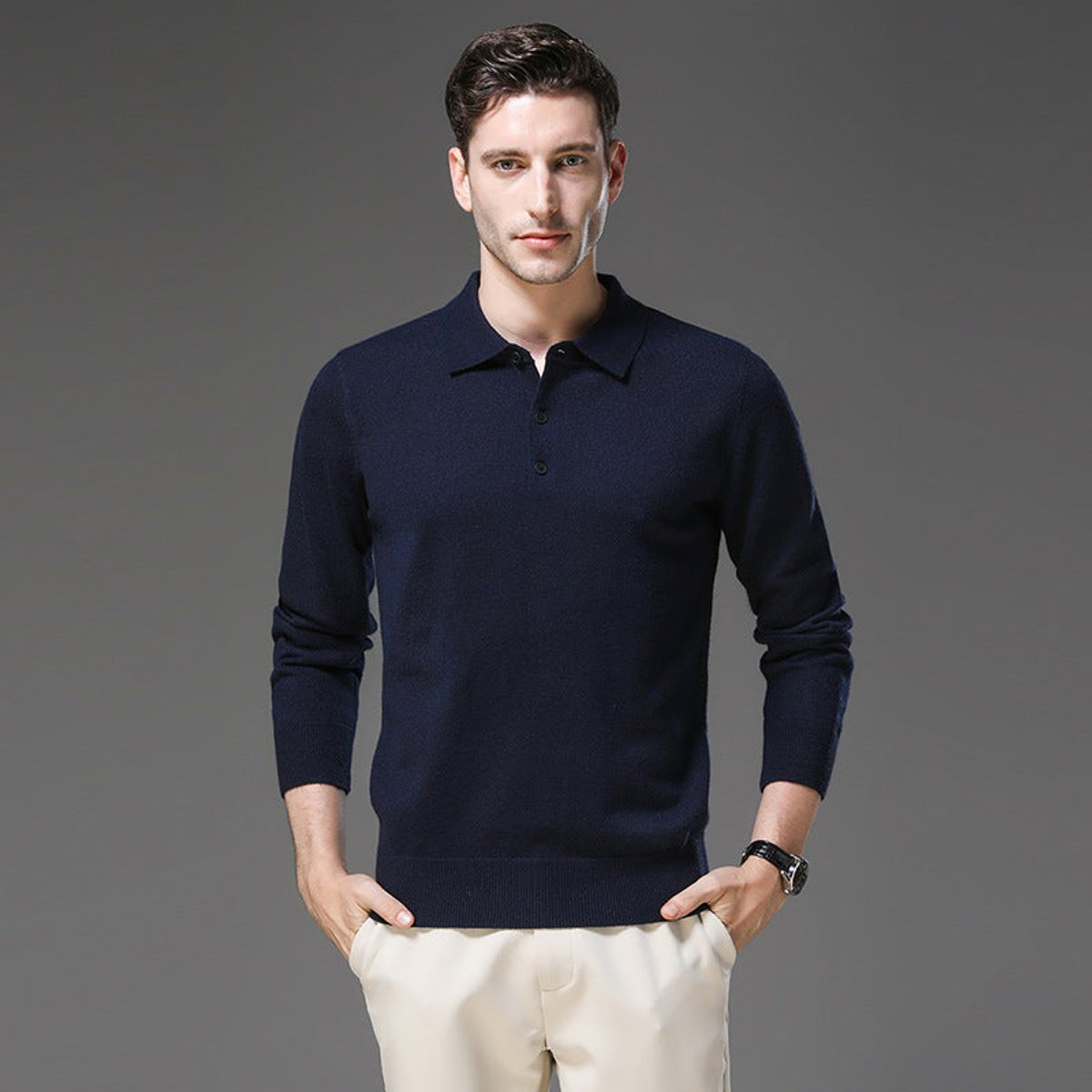 Men's Long Sleeve Button Collar Soft Knit Polo Pullover