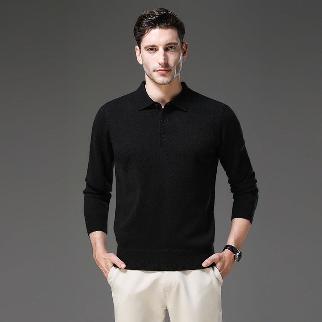 Men's Long Sleeve Button Collar Soft Knit Polo Pullover