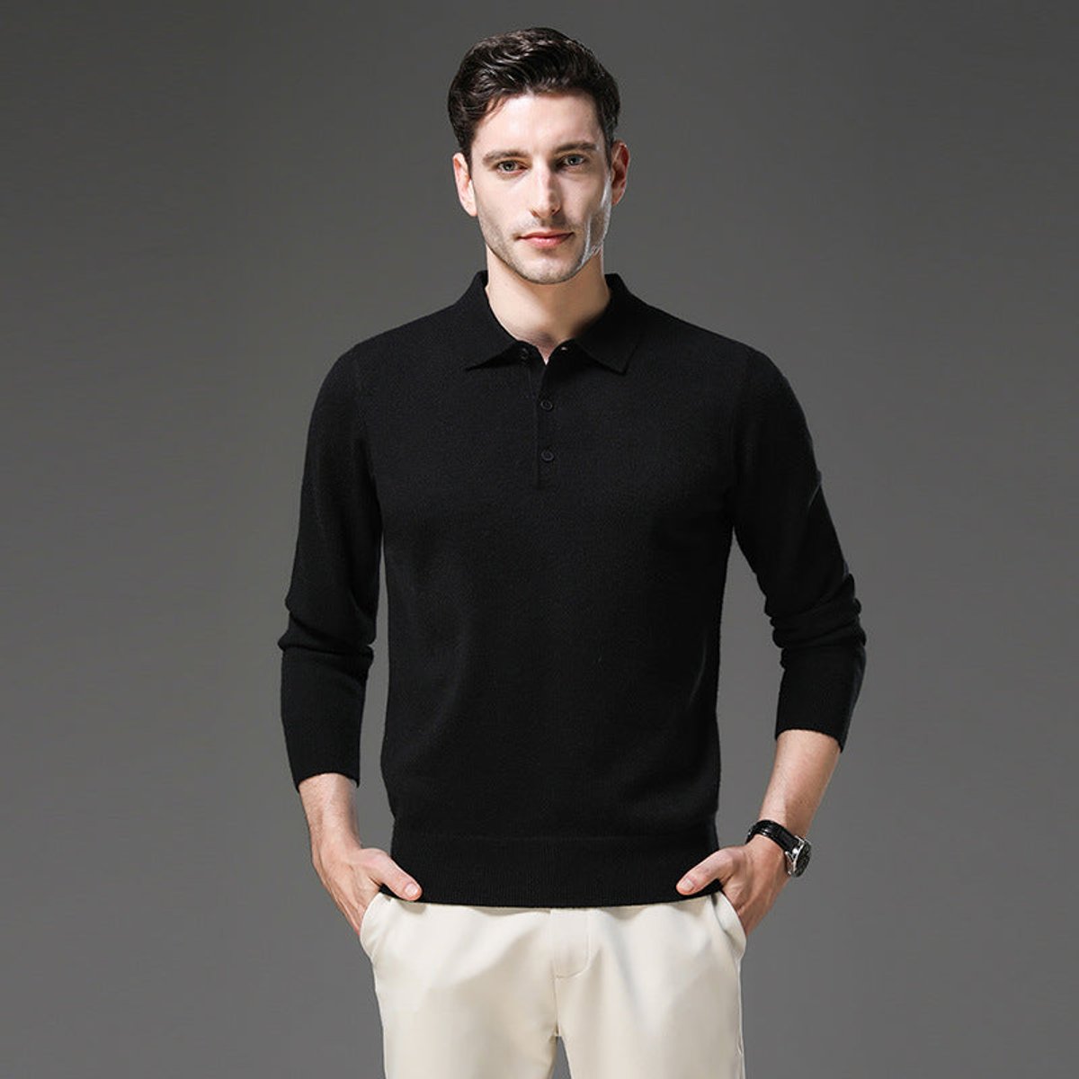 Men's Long Sleeve Button Collar Soft Knit Polo Pullover