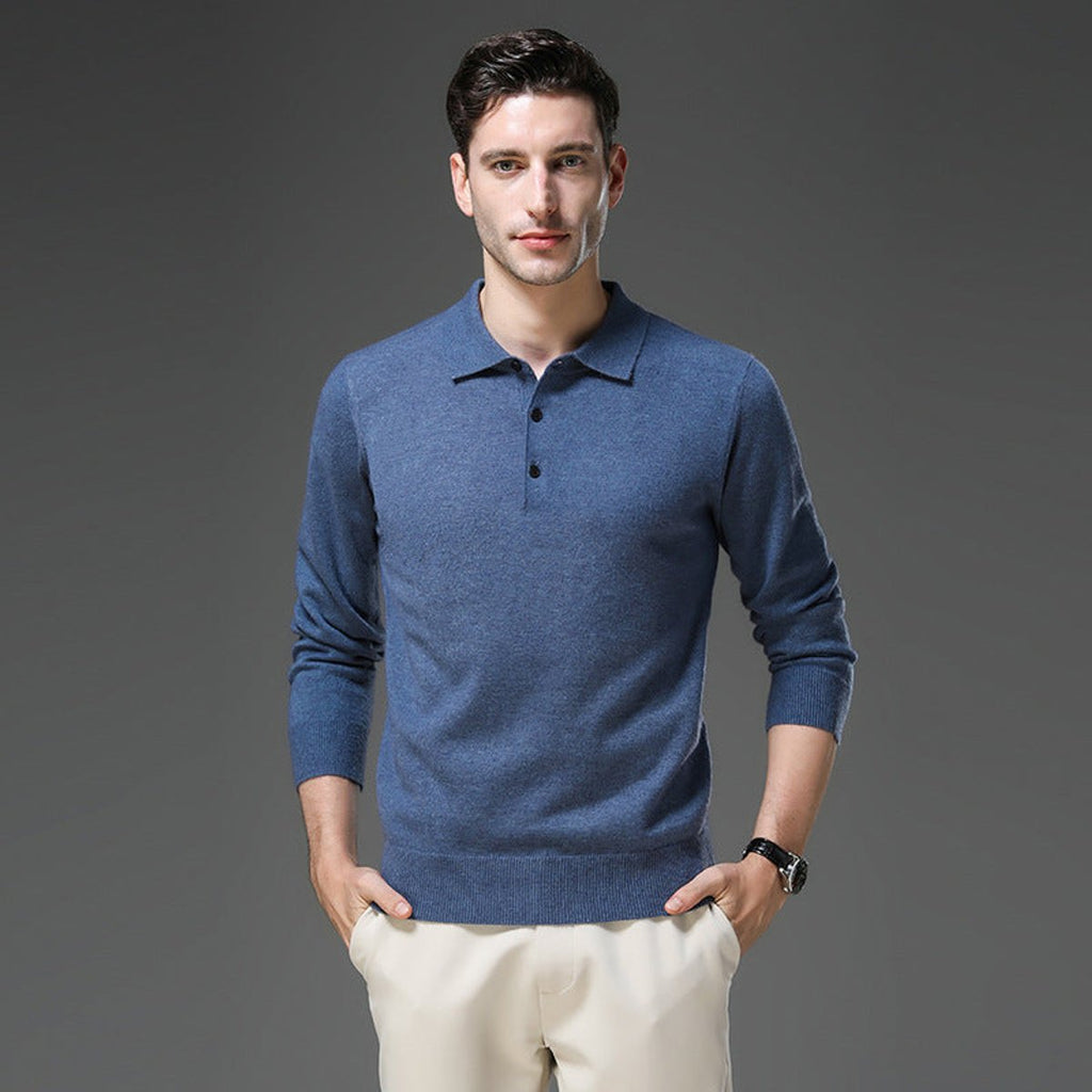 Men's Long Sleeve Button Collar Soft Knit Polo Pullover