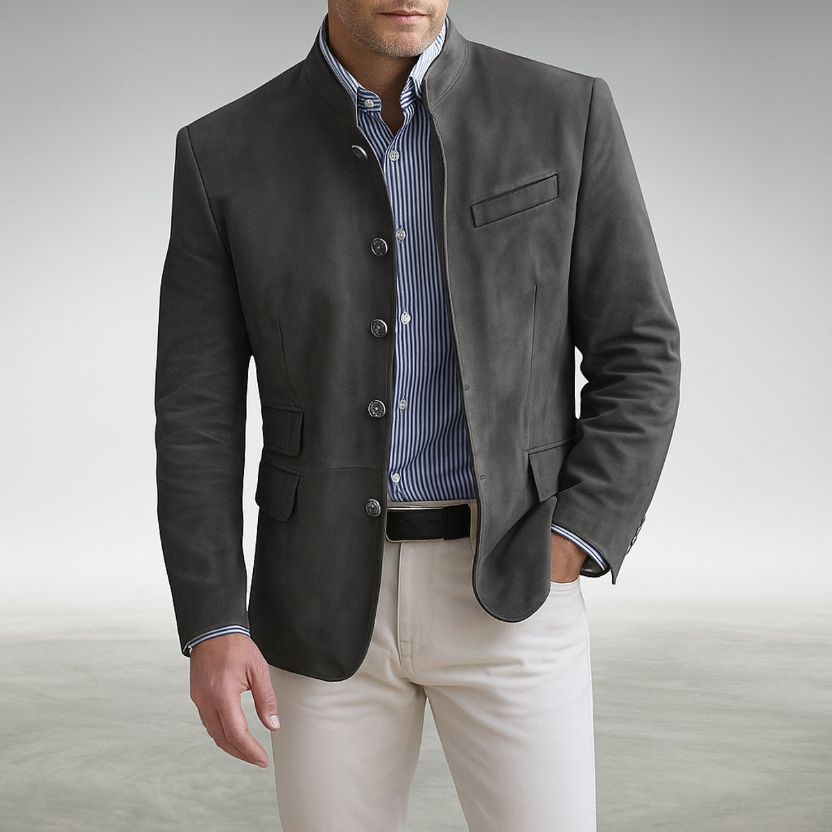 Men's Mandarin-Collar Button-Up Tailored Coat