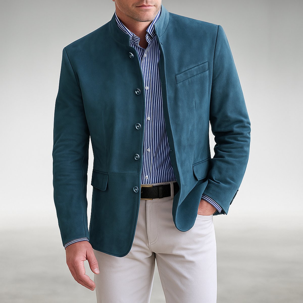 Men's Mandarin-Collar Button-Up Tailored Coat