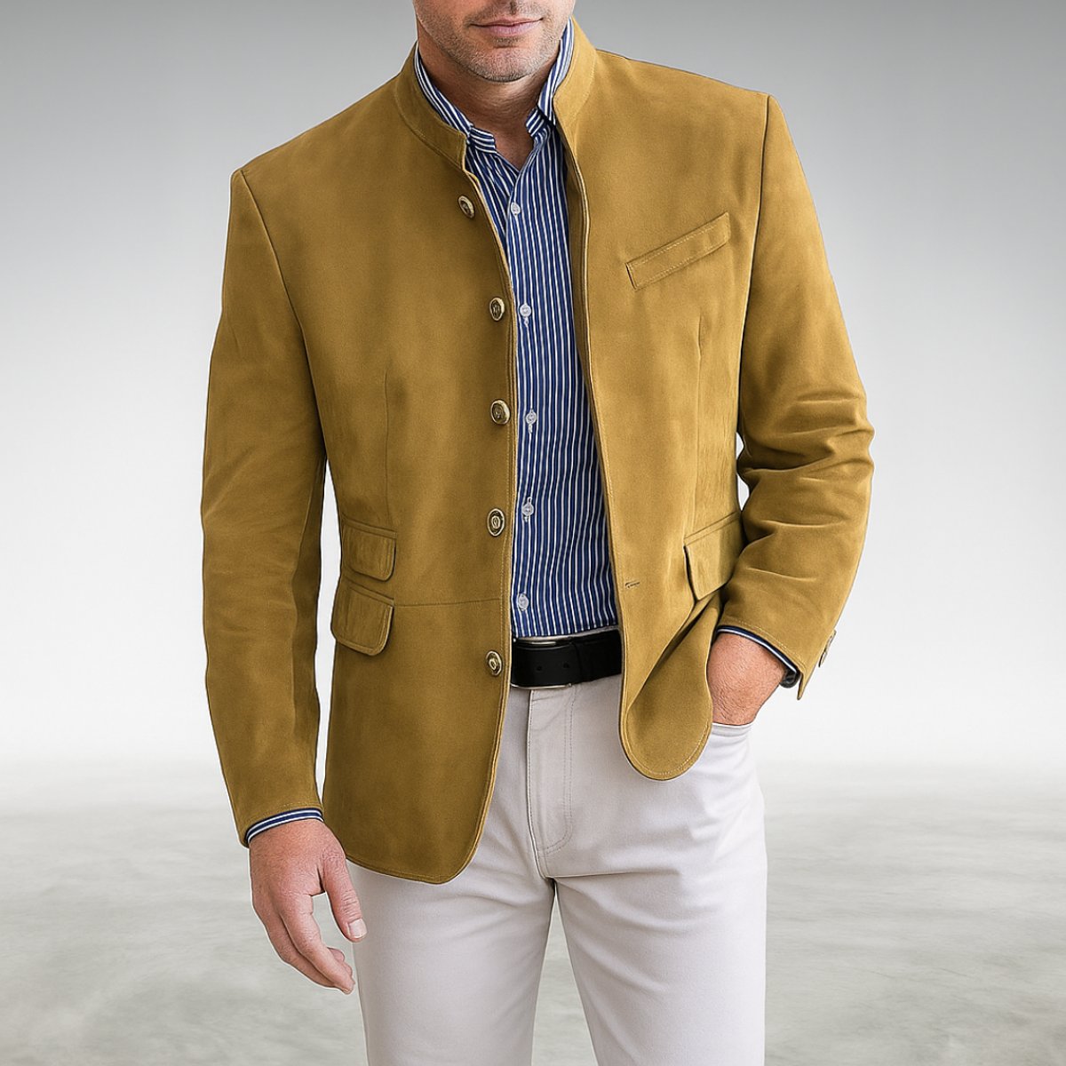 Men's Mandarin-Collar Button-Up Tailored Coat