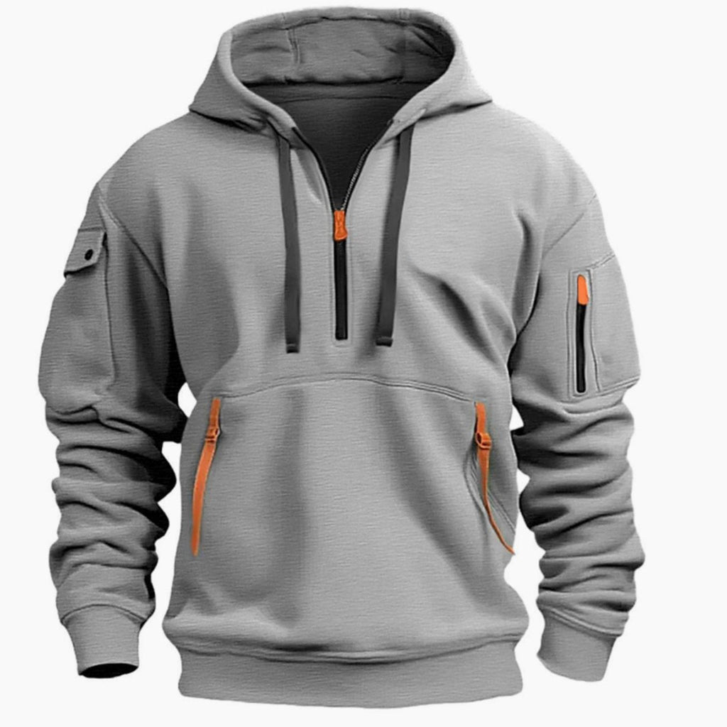 Men's Quarter-Zip Hooded Utility Zip Pocket Pullover Hoodie