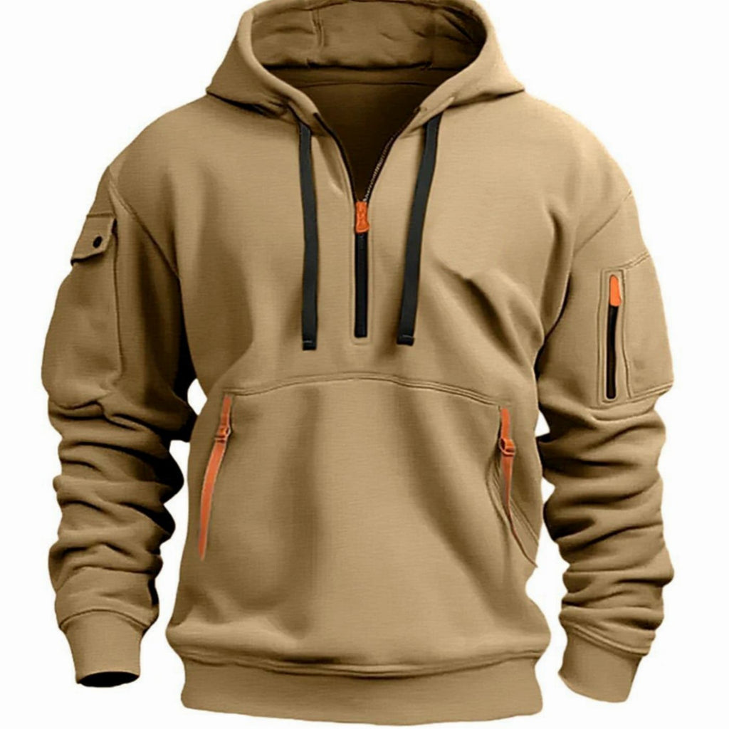 Men's Quarter-Zip Hooded Utility Zip Pocket Pullover Hoodie