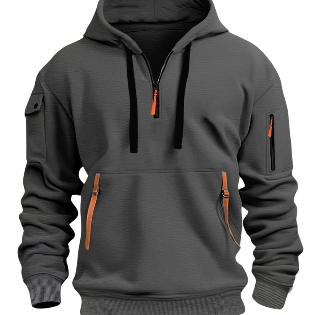 Men's Quarter-Zip Hooded Utility Zip Pocket Pullover Hoodie