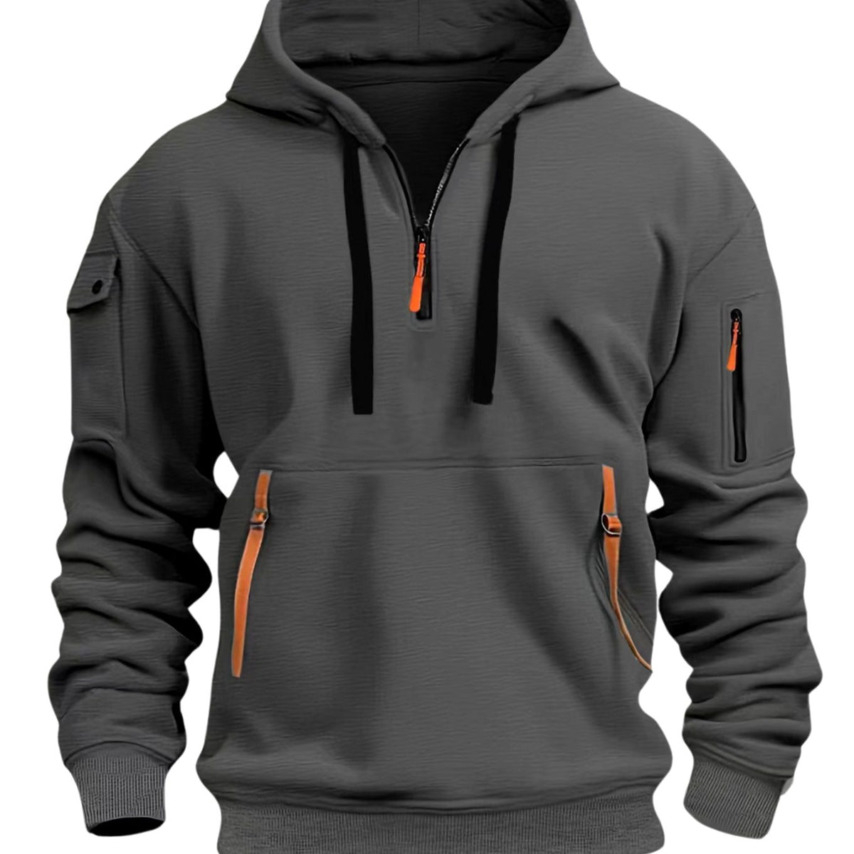 Men's Quarter-Zip Hooded Utility Zip Pocket Pullover Hoodie