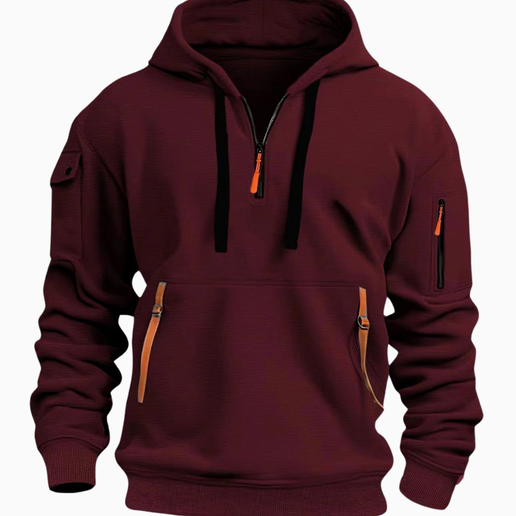 Men's Quarter-Zip Hooded Utility Zip Pocket Pullover Hoodie