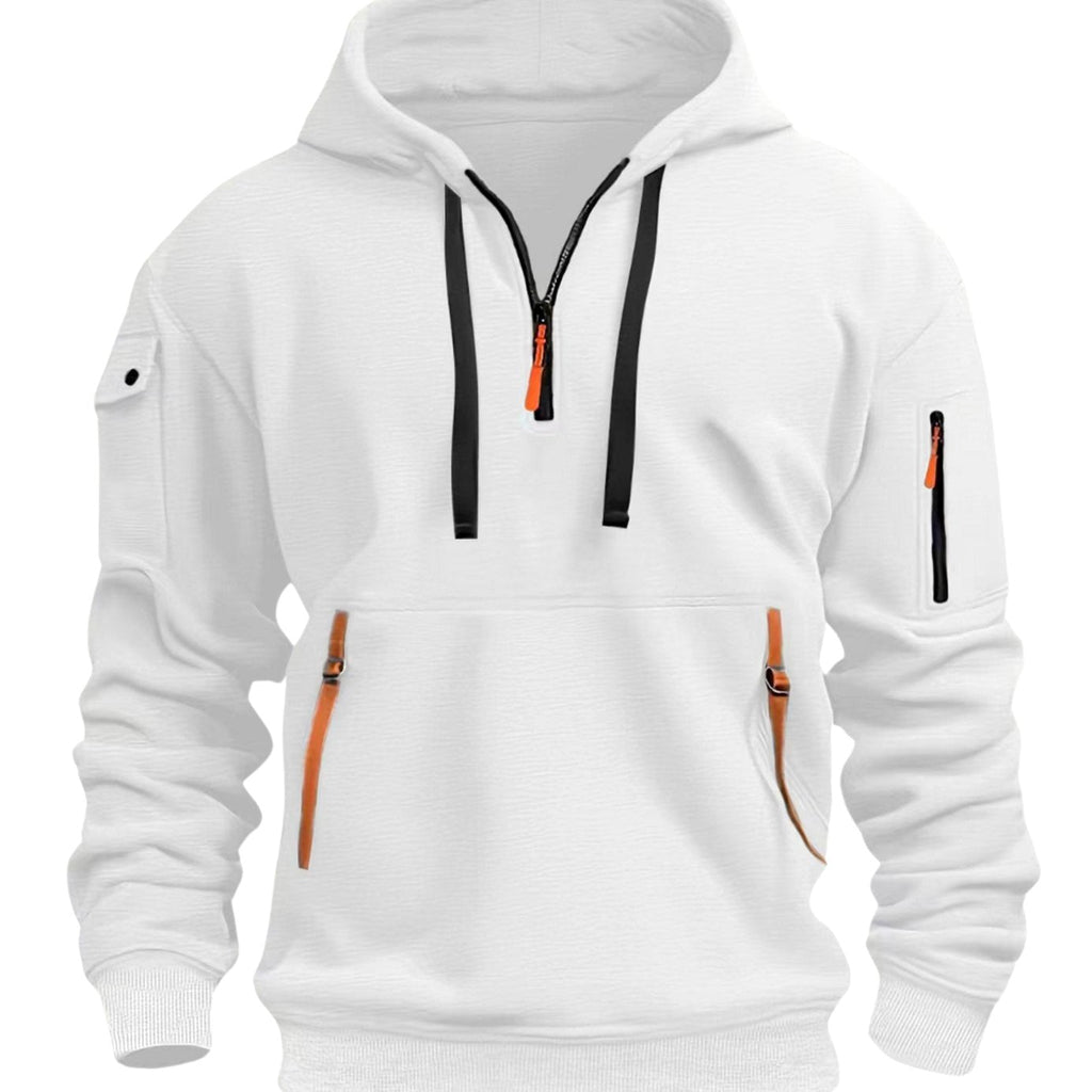 Men's Quarter-Zip Hooded Utility Zip Pocket Pullover Hoodie