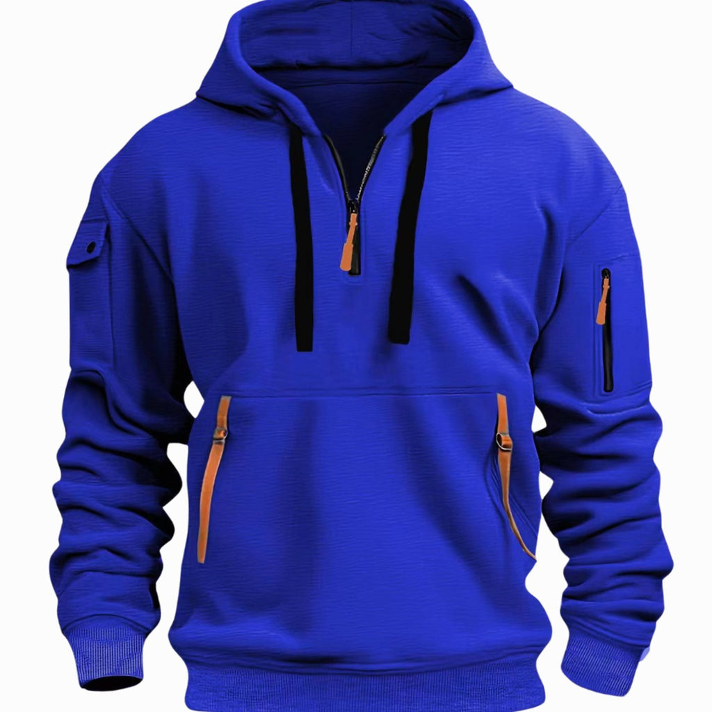 Men's Quarter-Zip Hooded Utility Zip Pocket Pullover Hoodie