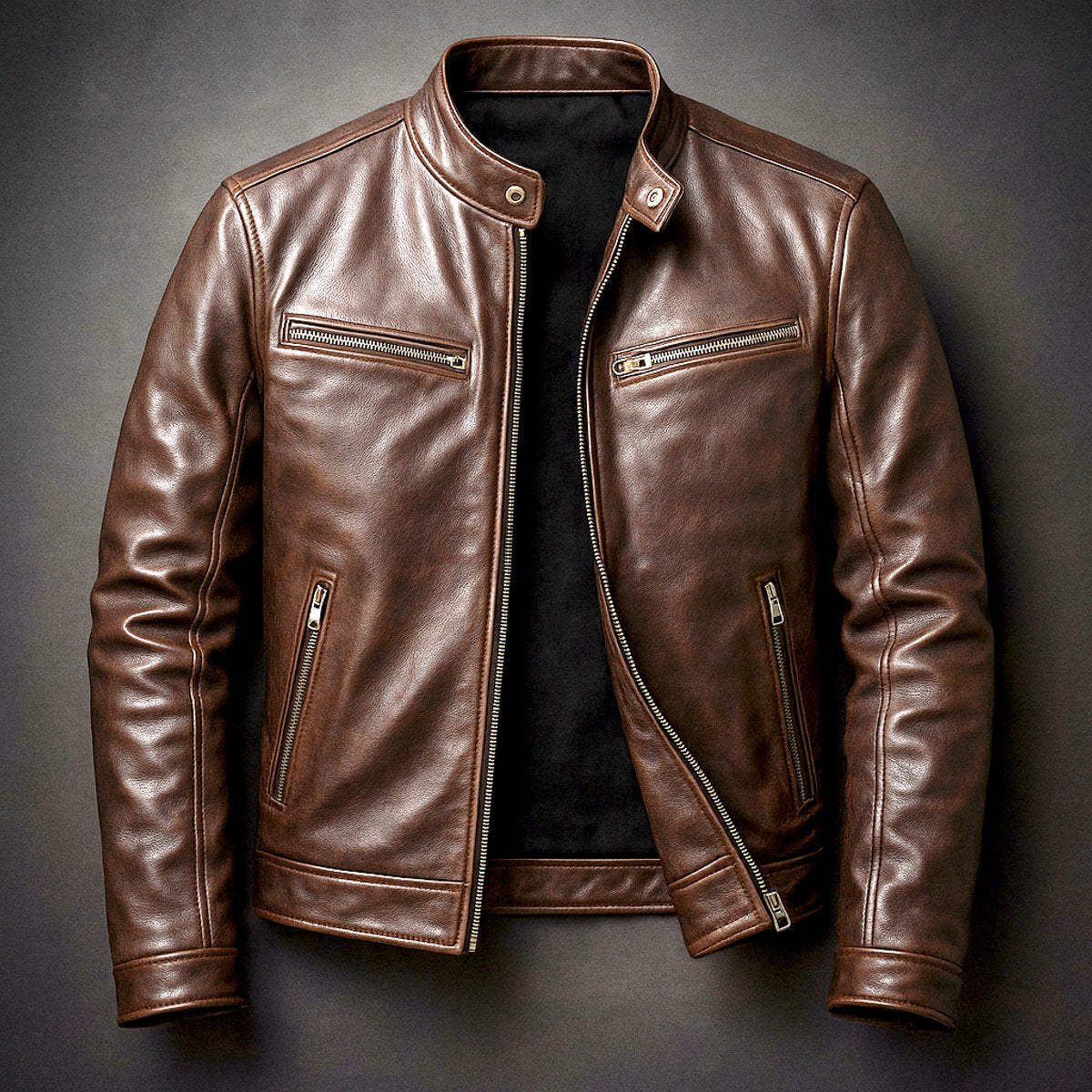 Men's Moto-Style Leather Coat with Vintage Biker Look