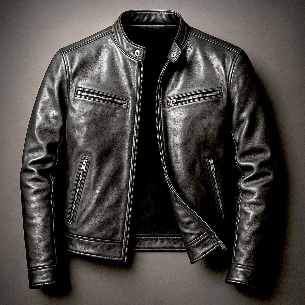Men's Moto-Style Leather Coat with Vintage Biker Look