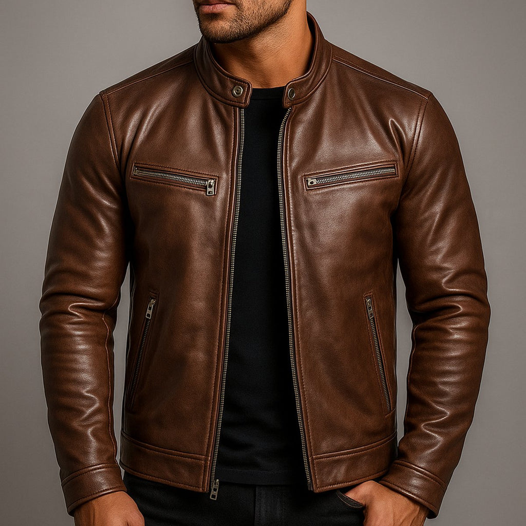 Men's Moto-Style Leather Coat with Vintage Biker Look
