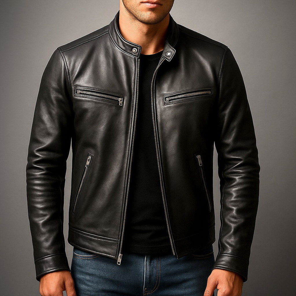 Men's Moto-Style Leather Coat with Vintage Biker Look