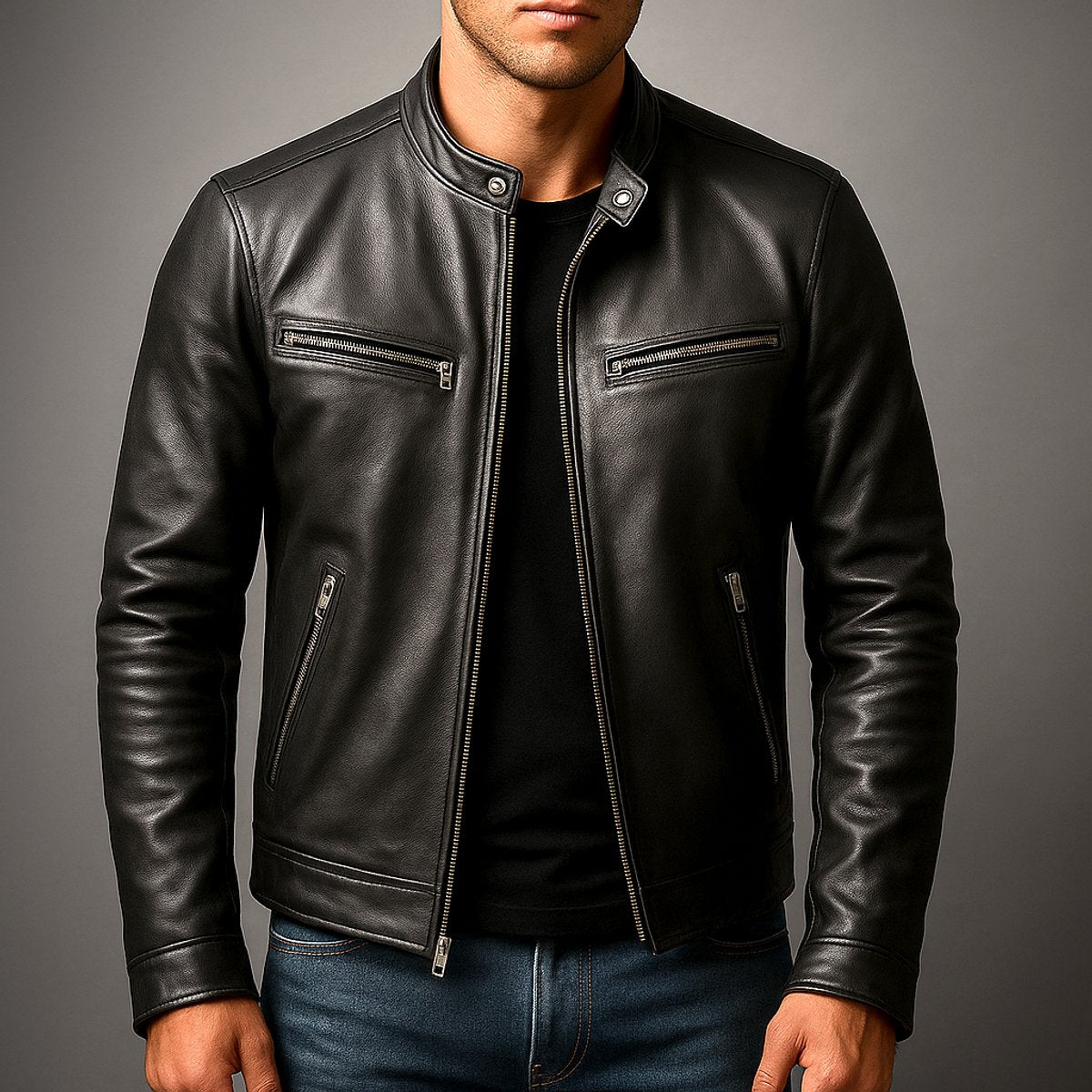 Men's Moto-Style Leather Coat with Vintage Biker Look