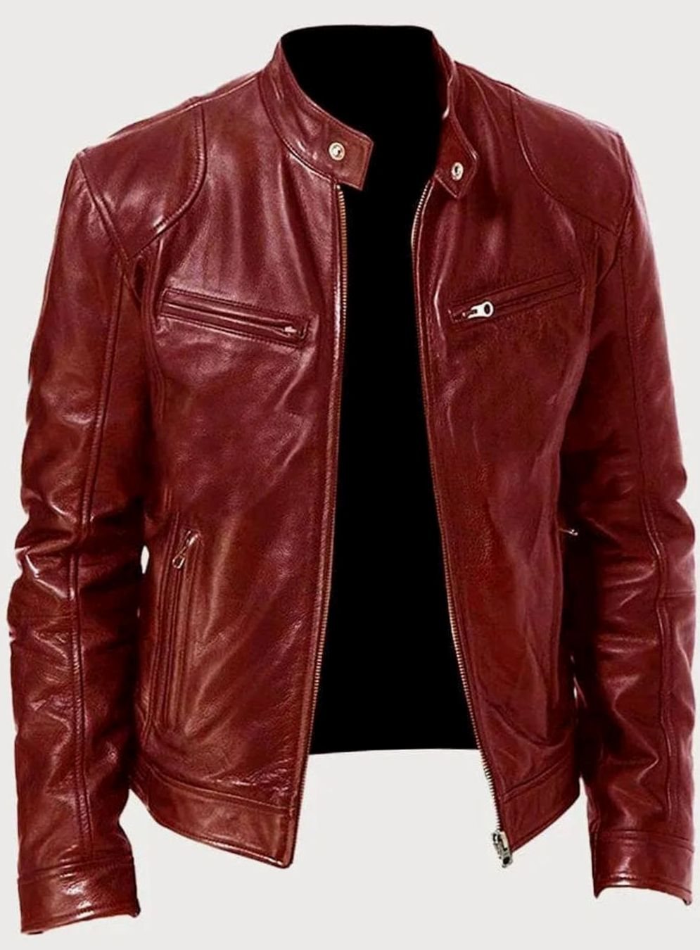 Men's Faux Leather Biker Jacket with Stand Collar Zip
