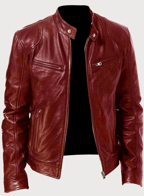 Men's Faux Leather Biker Jacket with Stand Collar Zip