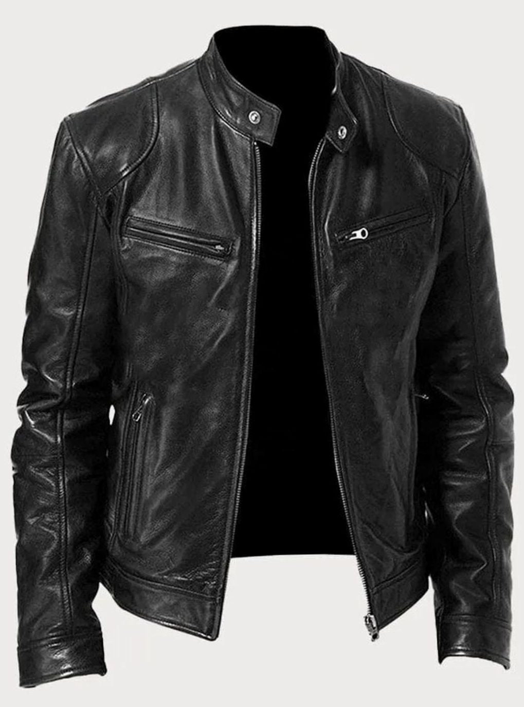 Men's Faux Leather Biker Jacket with Stand Collar Zip