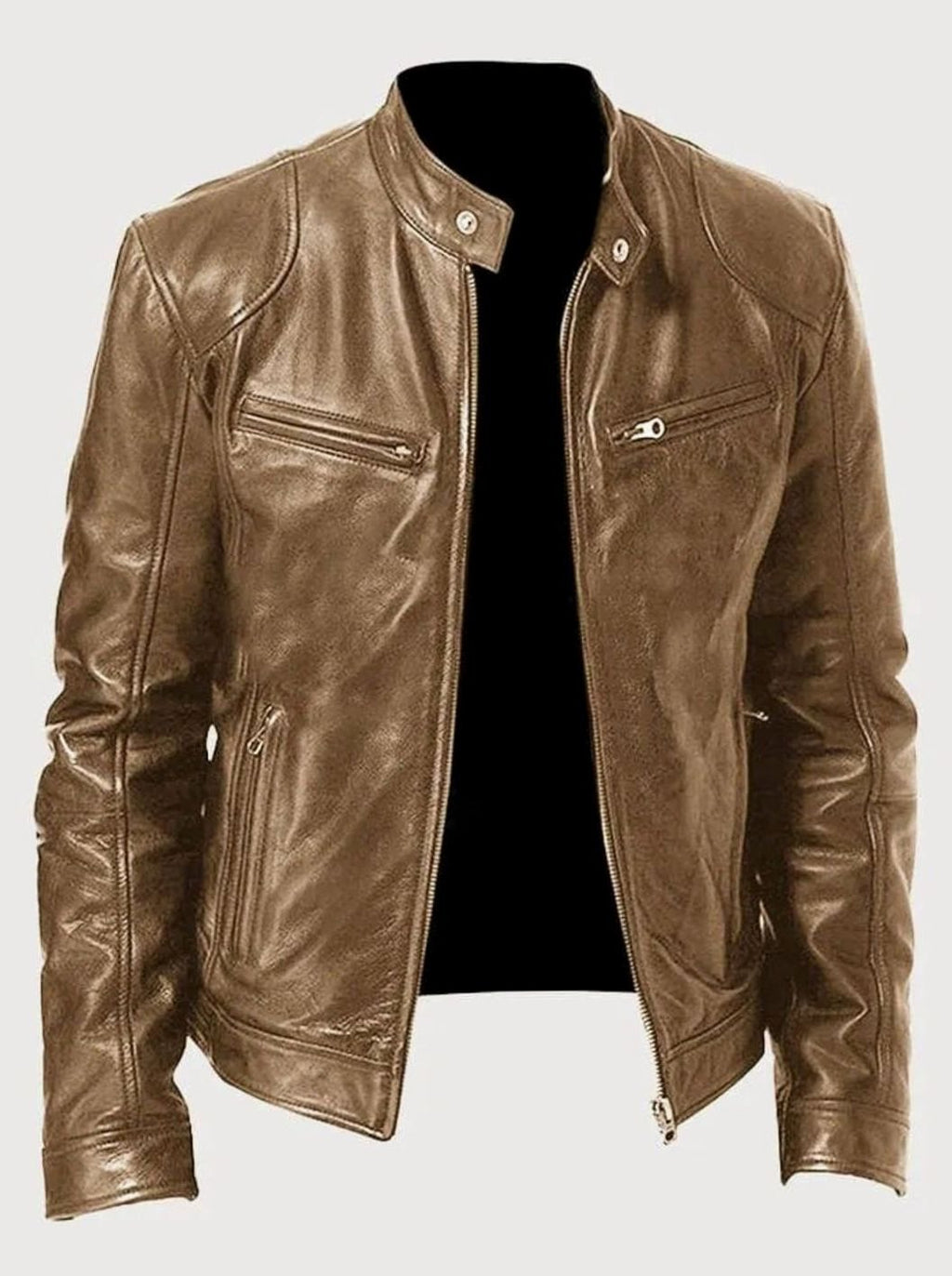 Men's Faux Leather Biker Jacket with Stand Collar Zip
