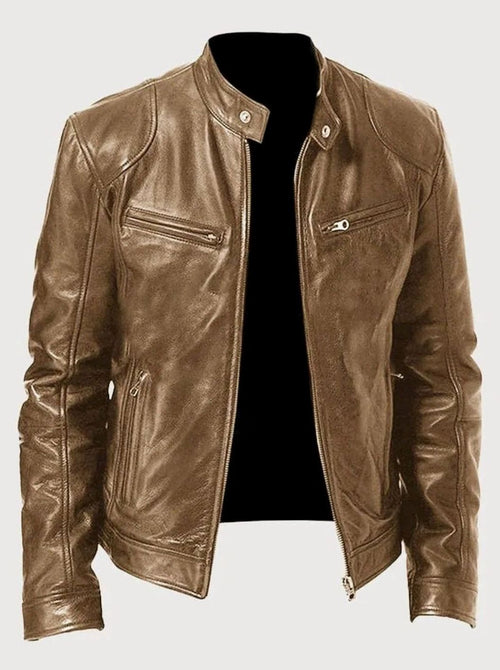 Men's Faux Leather Biker Jacket with Stand Collar Zip