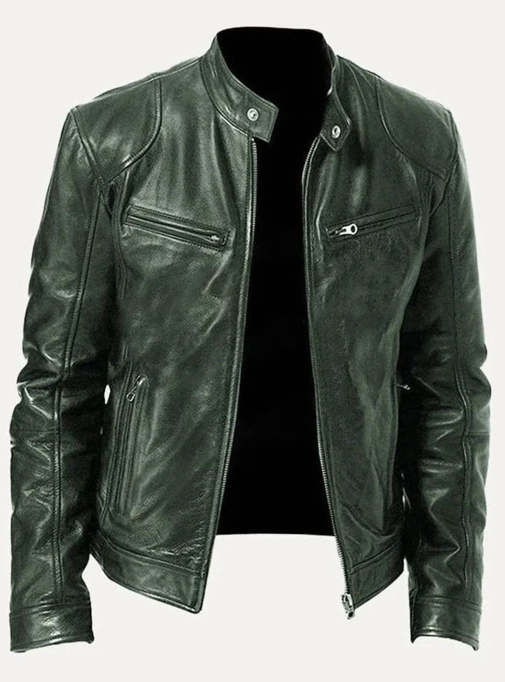 Men's Faux Leather Biker Jacket with Stand Collar Zip