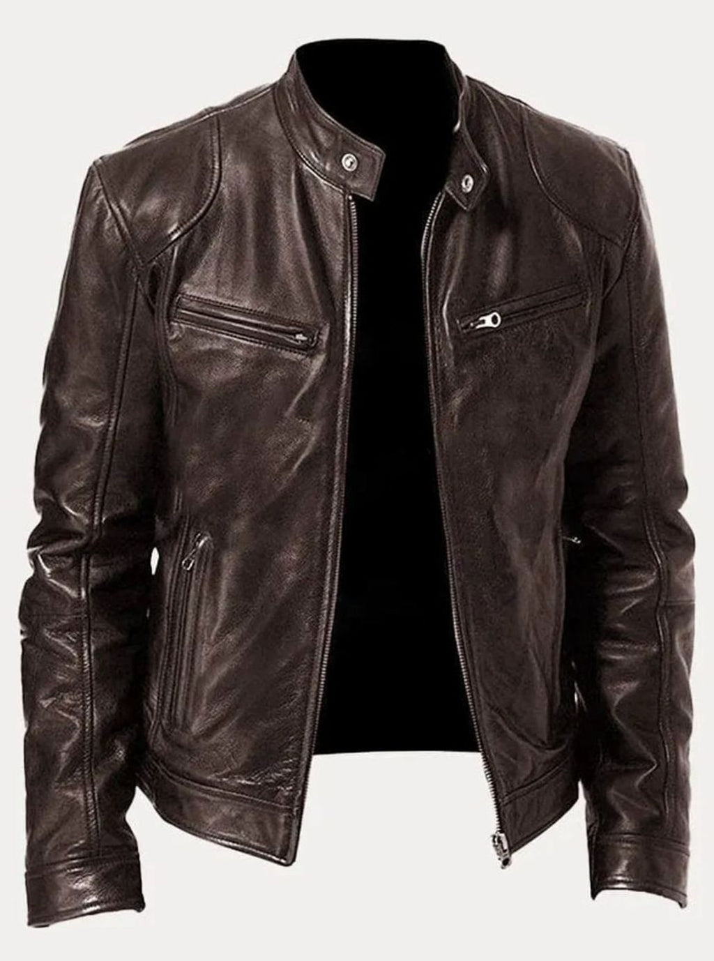 Men's Faux Leather Biker Jacket with Stand Collar Zip