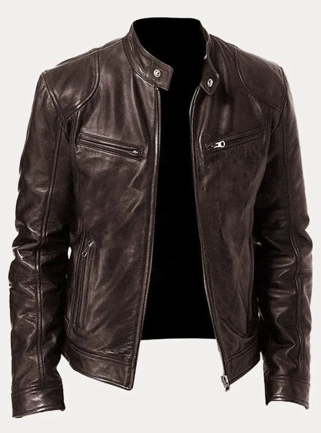 Men's Faux Leather Biker Jacket with Stand Collar Zip