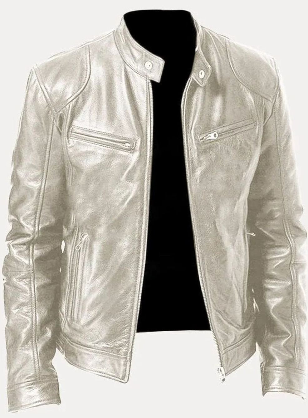 Men's Faux Leather Biker Jacket with Stand Collar Zip