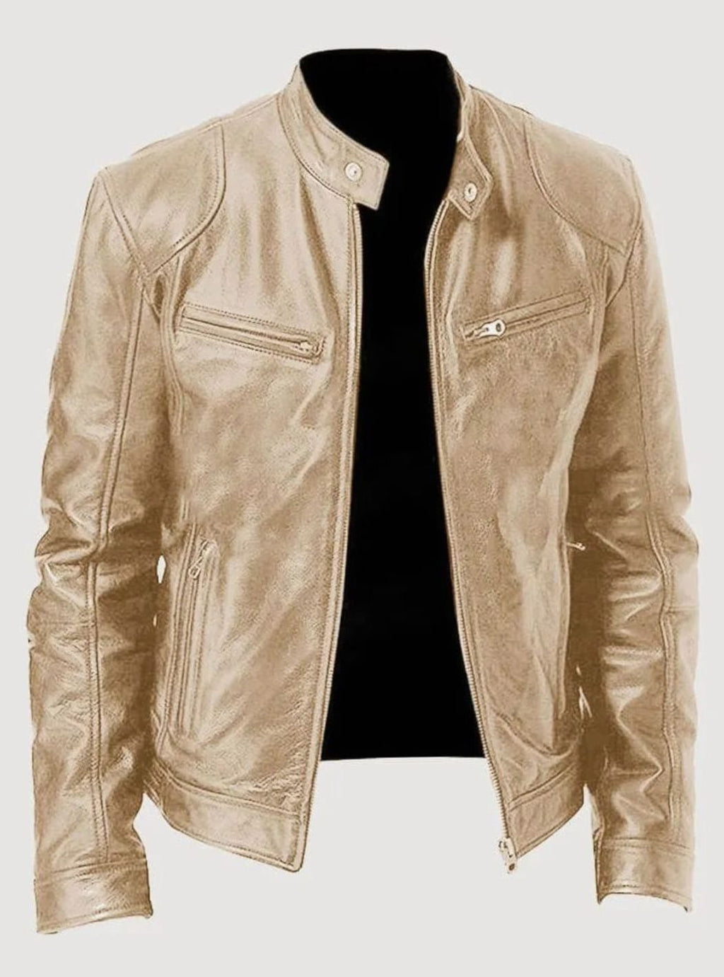 Men's Faux Leather Biker Jacket with Stand Collar Zip