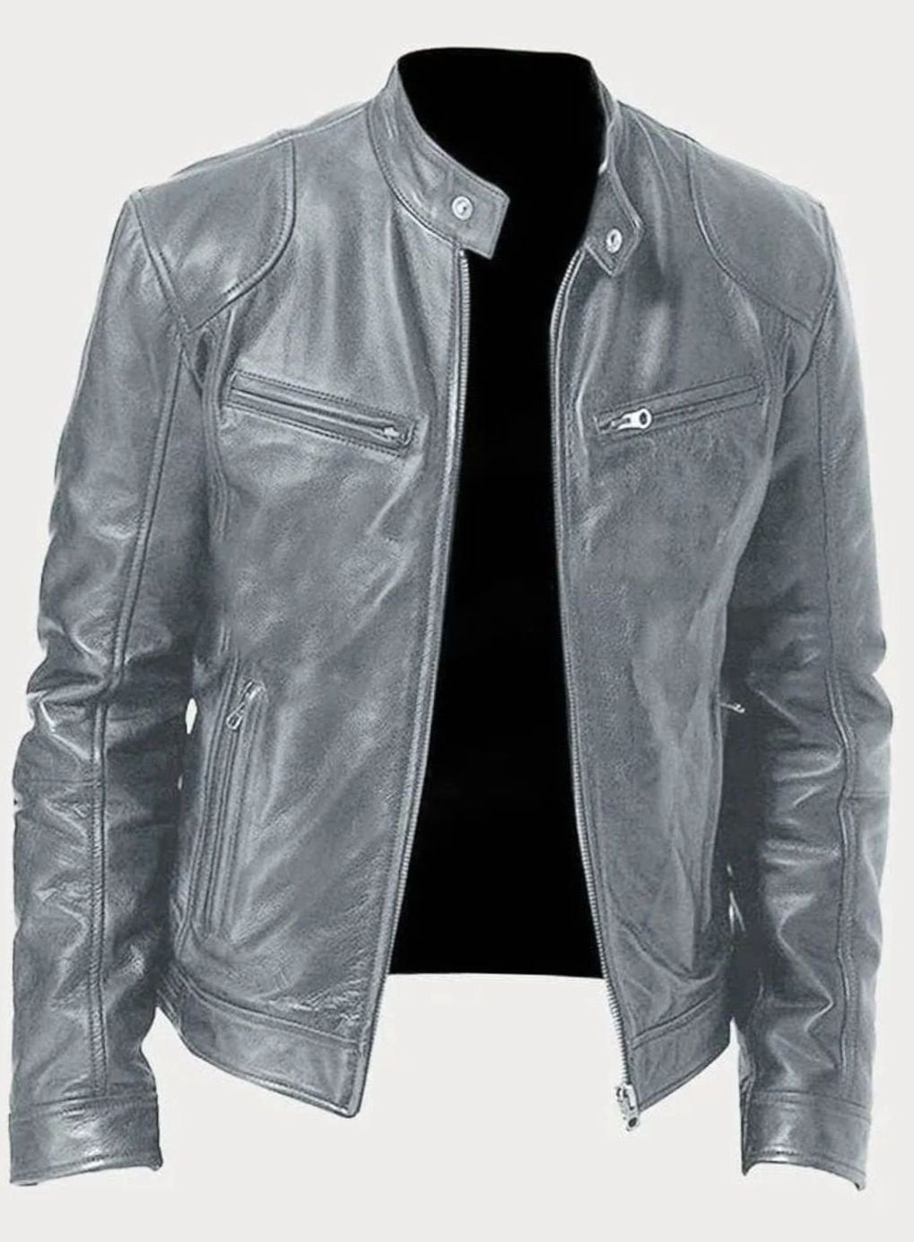 Men's Faux Leather Biker Jacket with Stand Collar Zip