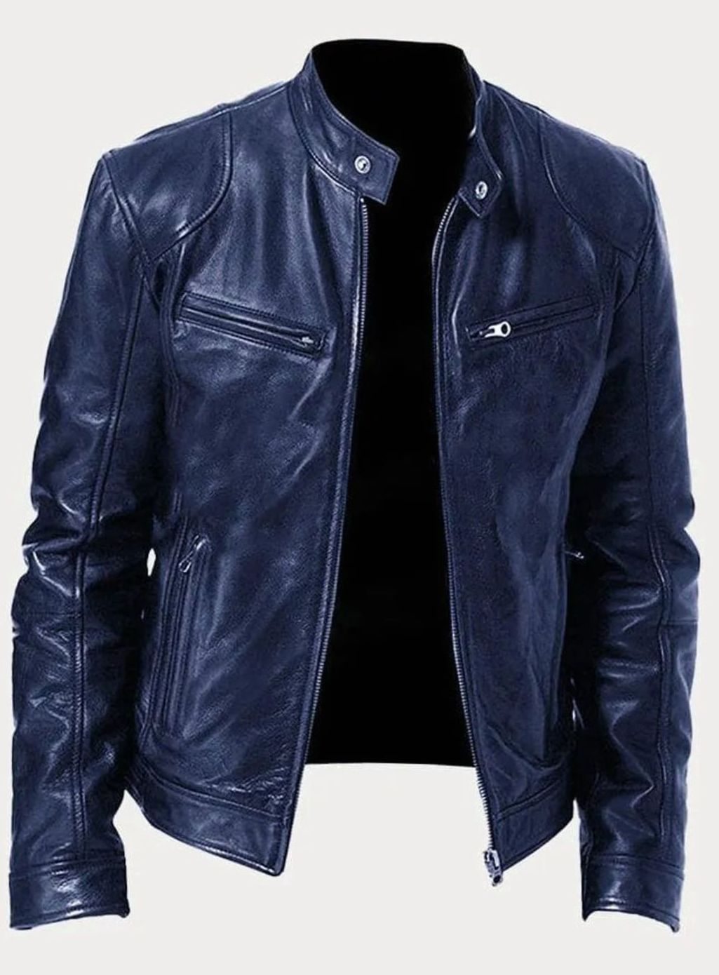 Men's Faux Leather Biker Jacket with Stand Collar Zip