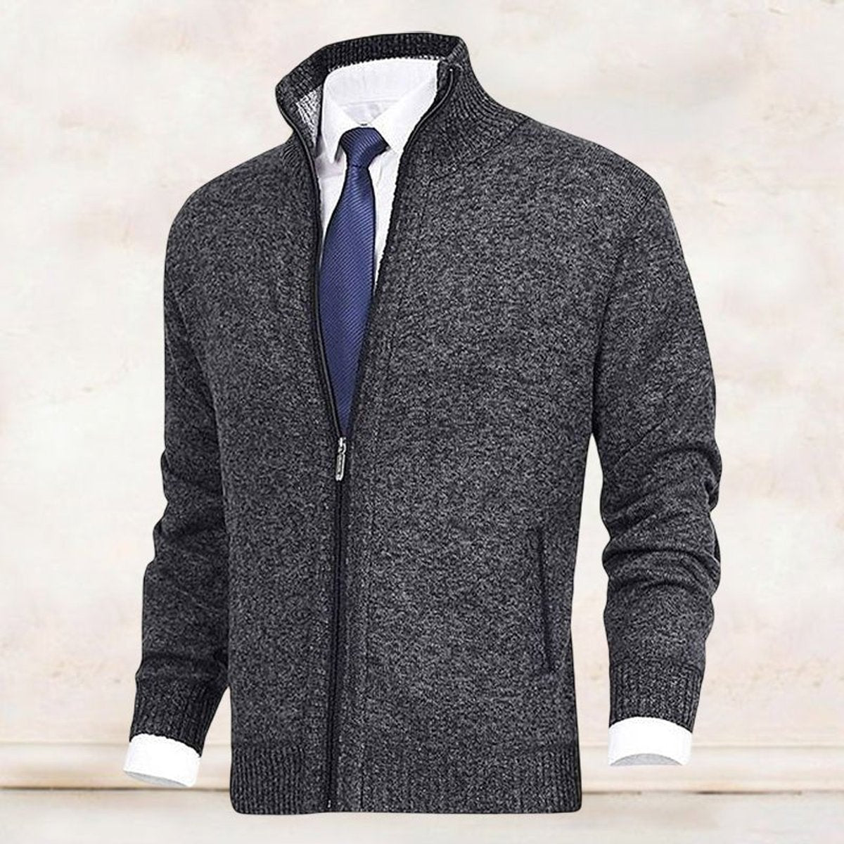 Men's Fleece Lined Stand Collar Full-Zip Knit Sweater Jacket