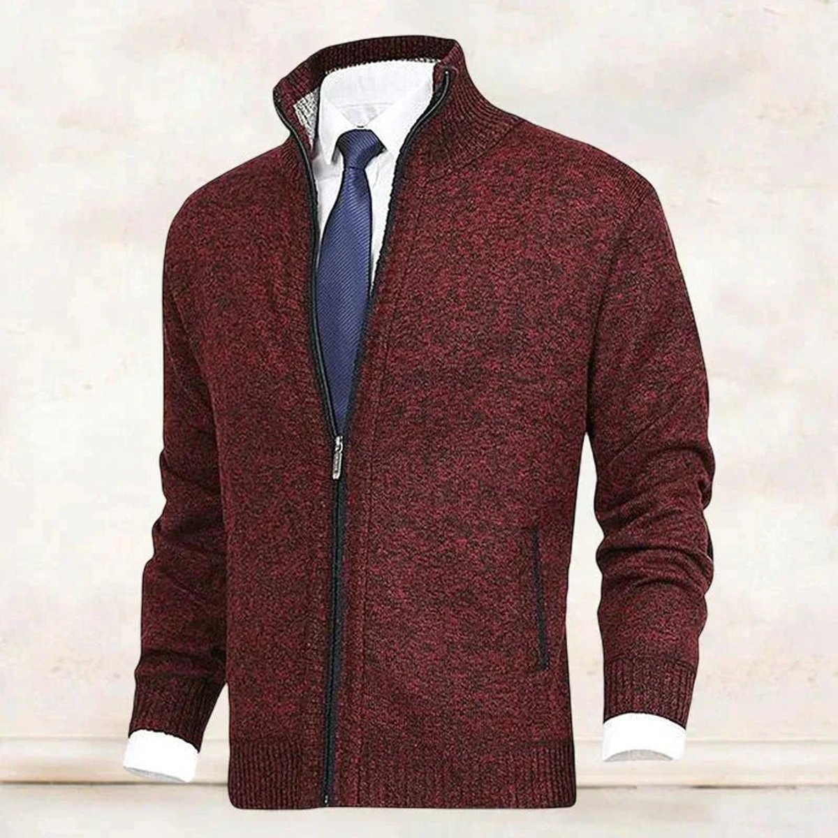 Men's Fleece Lined Stand Collar Full-Zip Knit Sweater Jacket