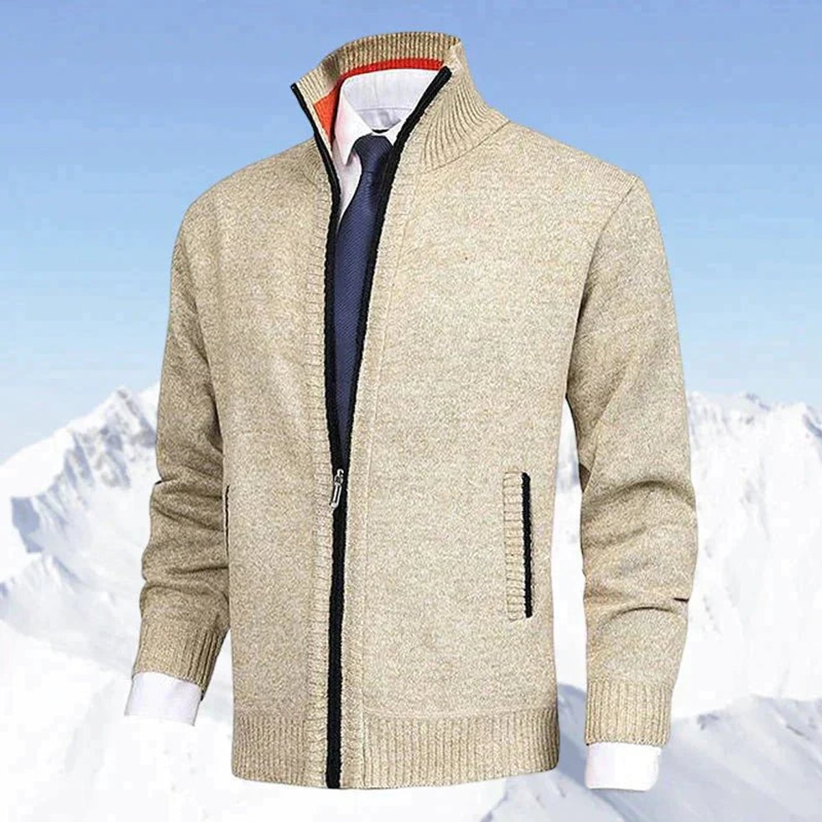 Men's Fleece Lined Stand Collar Full-Zip Knit Sweater Jacket