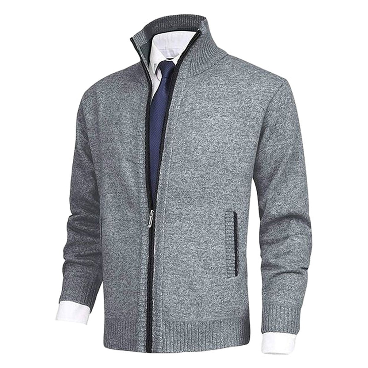Men's Fleece Lined Stand Collar Full-Zip Knit Sweater Jacket