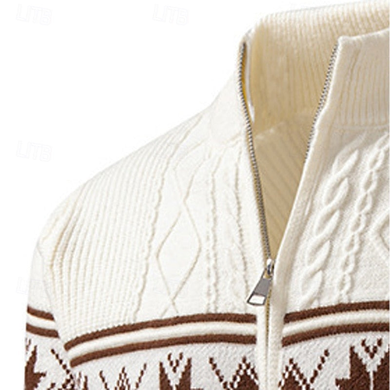 Men's Zip-Front Stand Collar Fair Isle Ribbed Cardigan