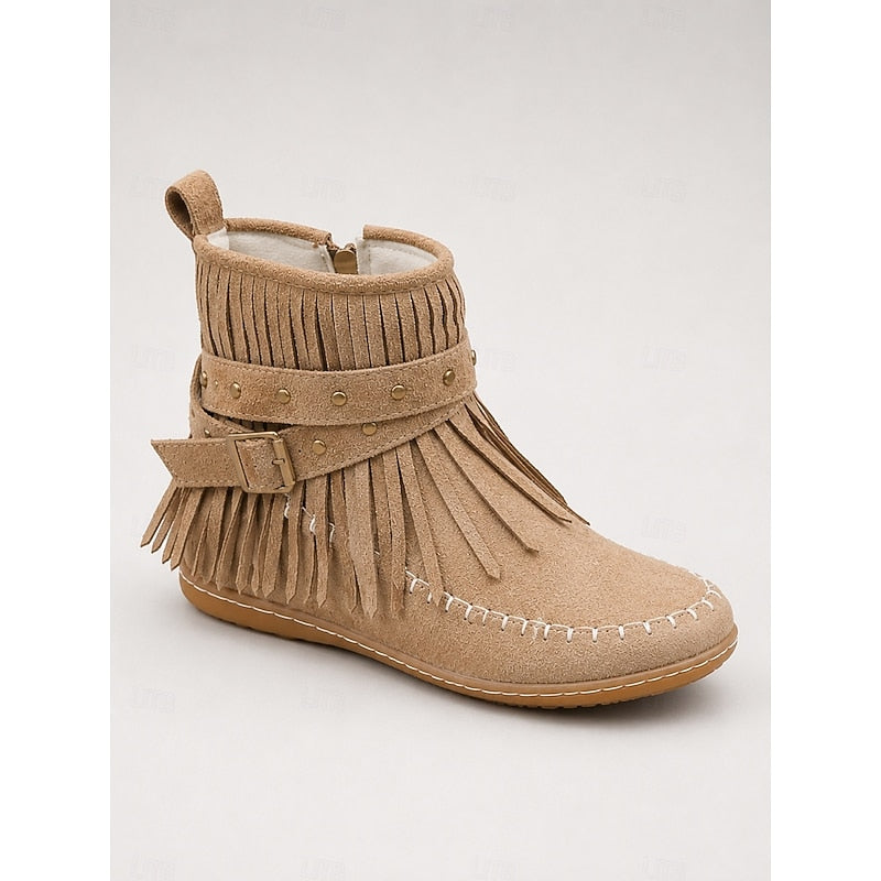 Women's Flat Sole Fringe Moccasin Booties