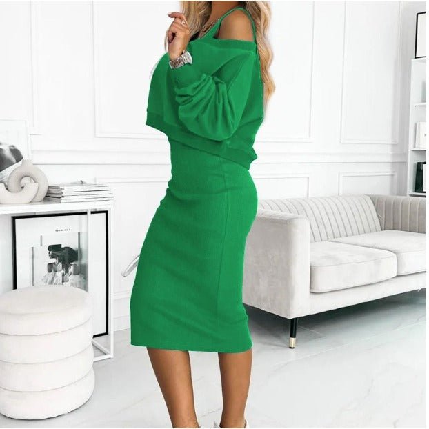 Women's Layered Cropped Long-Sleeve Top Midi Dress Set