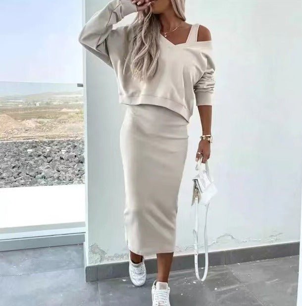Women's Layered Cropped Long-Sleeve Top Midi Dress Set