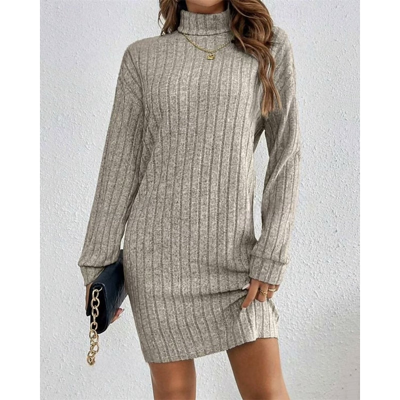 Women's Ribbed Knit Turtleneck Long Pullover Dress
