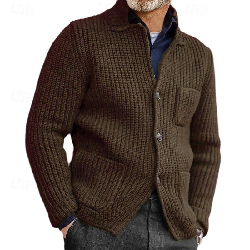Men's Stand Collar Ribbed Front-Button Pocket Knit Cardigan