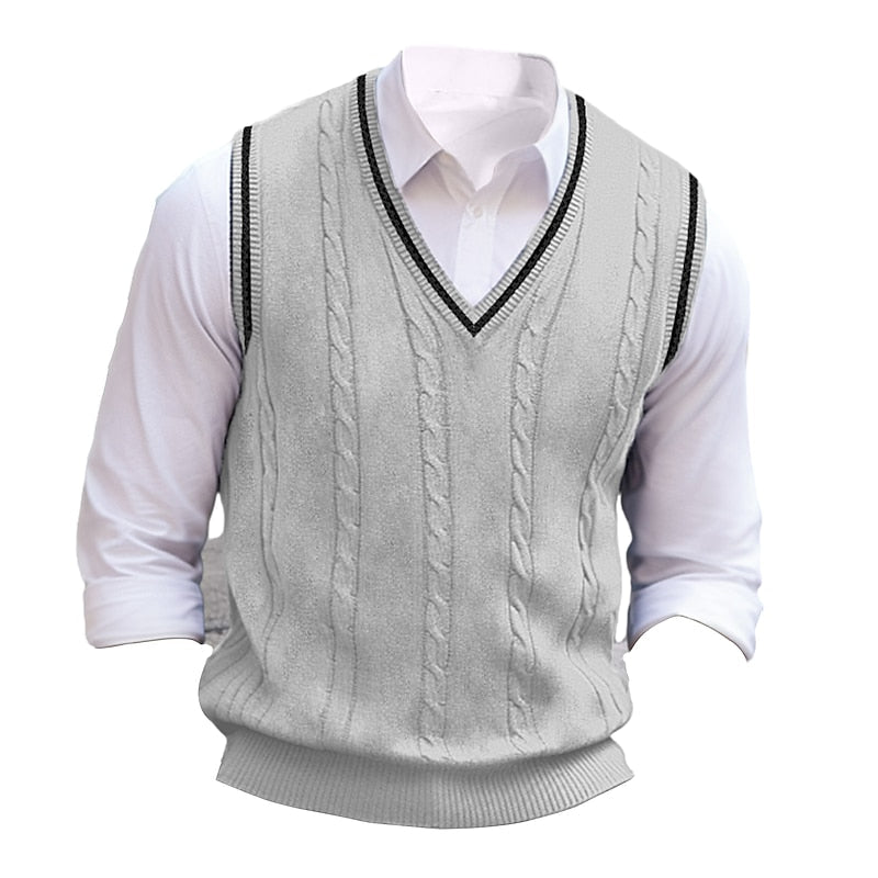 Men's V-Neck Cable Knit Sleeveless Layering Vest