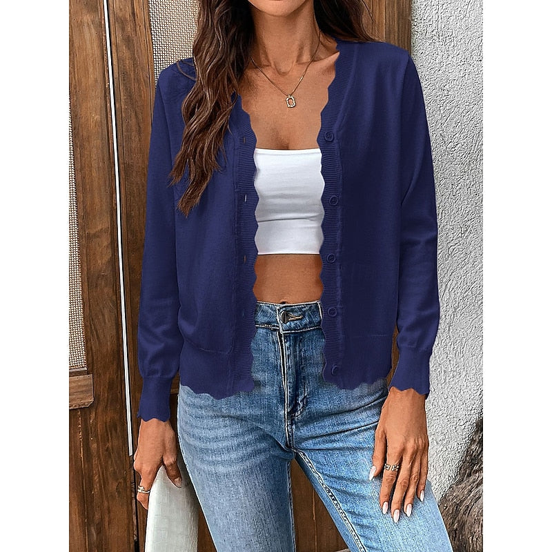 Women's Scalloped Trim V-Neckline Button-Up Knit Cardigan